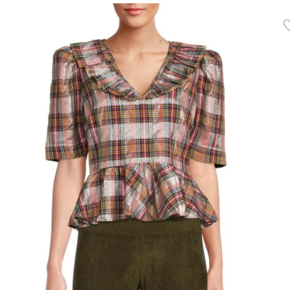 Metallic Plaid Peplum Top